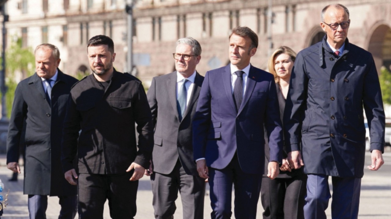 German Chancellor Friedrich Merz, French President Emmanuel Macron, Ukrainian President Volodymyr ...