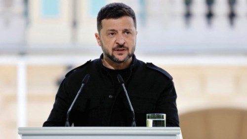 Ukranian President Voloydmyr Zelensky speaks during a press conference in the grounds of the ... Ukranian President Voloydmyr Zelensky speaks during a press conference in the grounds of the ...