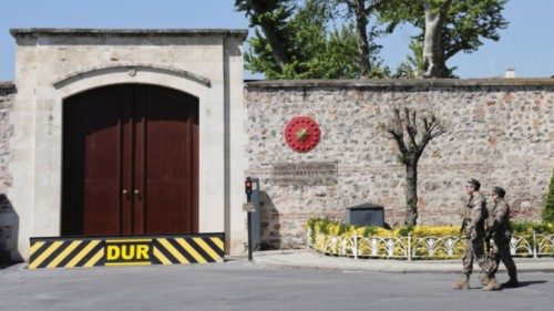 Military personnel walk outside the Turkish Presidency's Dolmabahce working office, where Russia and ... Military personnel walk outside the Turkish Presidency's Dolmabahce working office, where Russia and ...