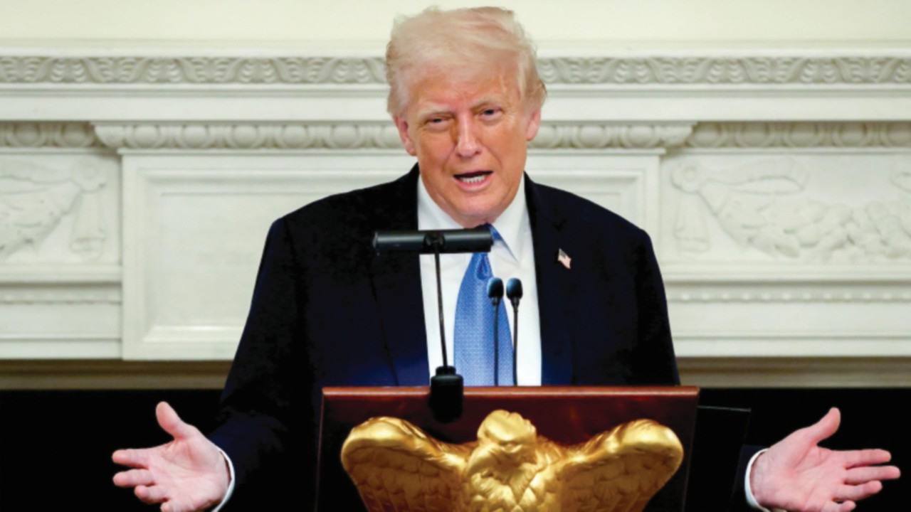 epa12118140 US President Donald Trump speaks, during a Kennedy Center Board dinner in the State ...