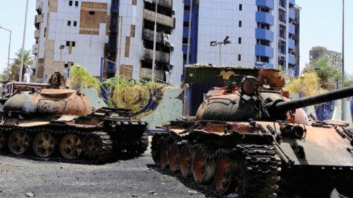 A view of damaged tanks in front of the Central Bank of Sudan building, after the Sudanese army ... A view of damaged tanks in front of the Central Bank of Sudan building, after the Sudanese army ...