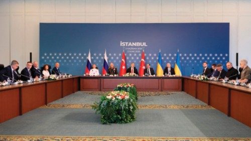 Members of Ukrainian (R), Russian (L) and Turkish (C) delegations attend the second meeting at the ... Members of Ukrainian (R), Russian (L) and Turkish (C) delegations attend the second meeting at the ...