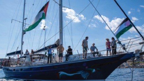 epa12165810 A handout photo made available by The Freedom Flotilla Coalition (FFC) shows the crew of ... epa12165810 A handout photo made available by The Freedom Flotilla Coalition (FFC) shows the crew of ...
