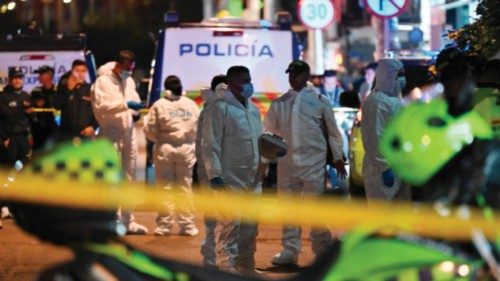 Forensic experts work at the crime scene where Senator Miguel Uribe was shot and wounded in the ... Forensic experts work at the crime scene where Senator Miguel Uribe was shot and wounded in the ...