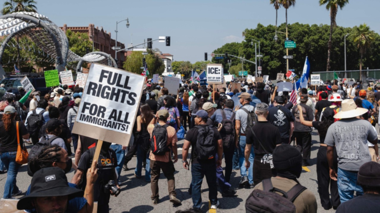 LOS ANGELES, CALIFORNIA - JUNE 09: Protesters march through the streets June 9, 2025 in Downtown Los ...