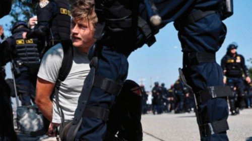 LOS ANGELES, CALIFORNIA - JUNE 10: California Highway Patrol (CHP) officers detain protesters near ... LOS ANGELES, CALIFORNIA - JUNE 10: California Highway Patrol (CHP) officers detain protesters near ...
