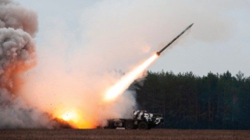 Launch of military missiles (rocket artillery) at the firing field during military exercise Launch of military missiles (rocket artillery) at the firing field during military exercise