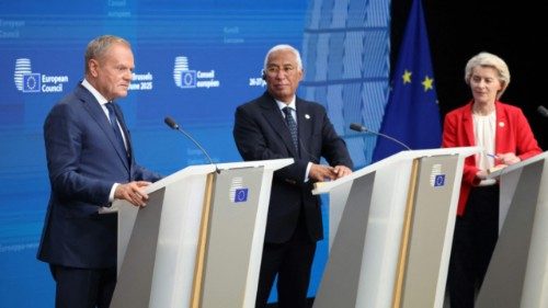 Poland's Prime Minister Donald Tusk (L), European Council President Antonio Costa (C) and European ... Poland's Prime Minister Donald Tusk (L), European Council President Antonio Costa (C) and European ...