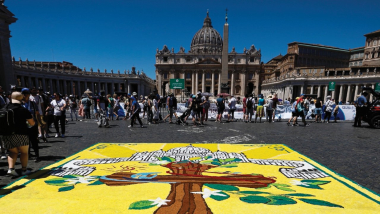 The 'Infiorata' historic carpet of flowers celebrating the patron saints of Rome, Saints Peter and ...