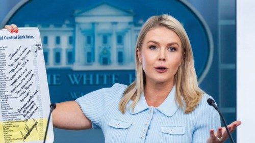 epaselect epa12206832 White House Press Secretary Karoline Leavitt holds up a letter she said US ...