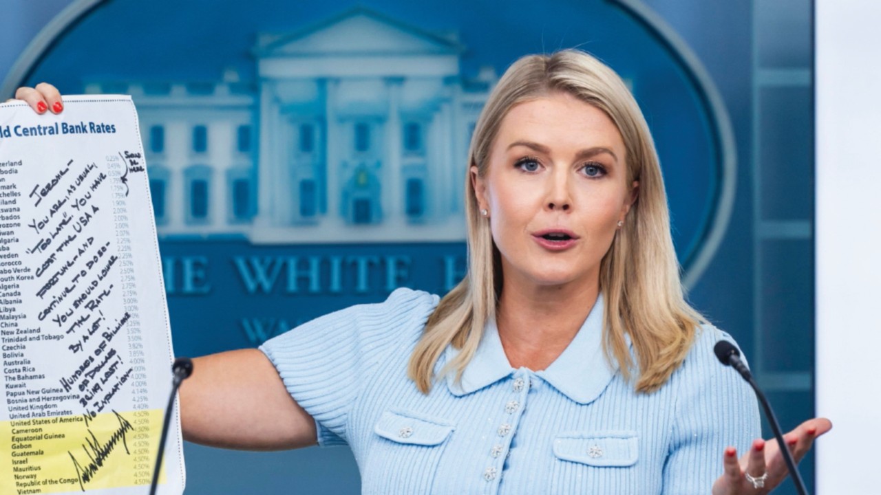 epaselect epa12206832 White House Press Secretary Karoline Leavitt holds up a letter she said US ...