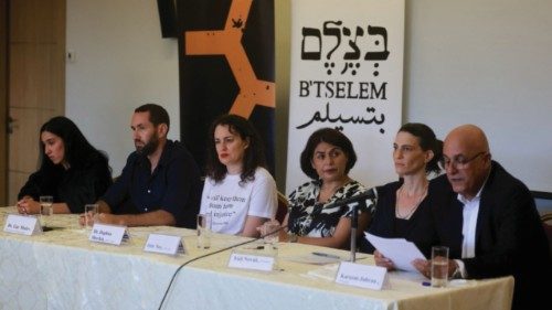 Israeli human rights groups hold a press conference to issue a report saying Israel is committing a ...