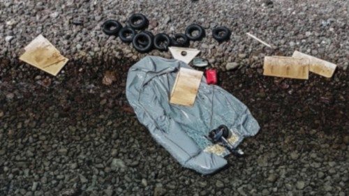 A drone view of a rubber dinghy abandoned by migrants from Yemen and Sudan, according to Legal ...