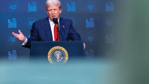 epa12285254 US President Donald J. Trump responds to a question from the news media following the ...