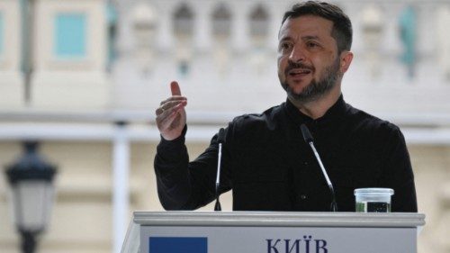 Ukrainian President Volodymyr Zelensky speaks during a press conference with Prime Minister of ... Ukrainian President Volodymyr Zelensky speaks during a press conference with Prime Minister of ...
