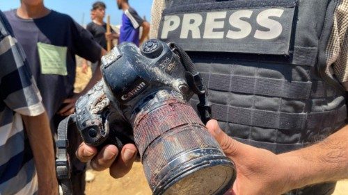 A journalist holds the blood-covered camera belonging to Palestinian photojournalist Mariam Dagga, a ... A journalist holds the blood-covered camera belonging to Palestinian photojournalist Mariam Dagga, a ...