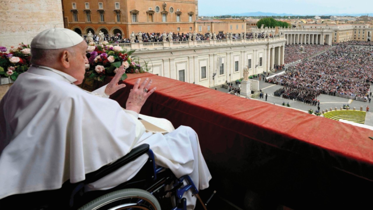 This photo taken and handout on April 20, 2025 by The Vatican Media shows Pope Francis  at the main ...