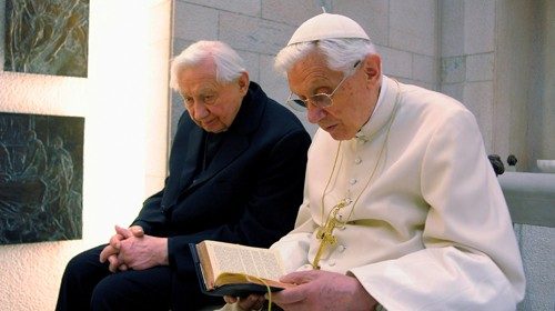 FILE PHOTO: Pope Benedict XVI prays with his brother Mons. Georg Ratzinger in his private chapel at ...