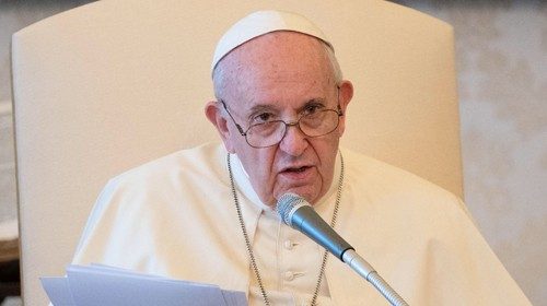 This photo taken and handout on August 26, 2020 by the Vatican Media shows Pope Francis speak during ...