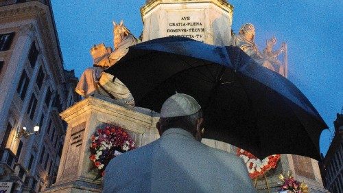 Pope Francis makes a pre-dawn visit to the statue of Madonna near the Spanish Steps on the feast of ...