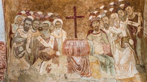Primeiro concílio de Niceia convocado pelo imperador Constantino em 325 (afresco bizantino na Basílica de São Nicolau de Mira, Turquia)