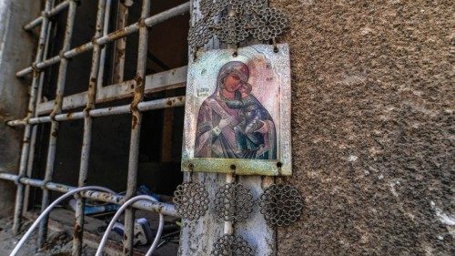 This picture taken on February 27, 2021 shows an icon depicting the Virgin Mary holding the infant ... This picture taken on February 27, 2021 shows an icon depicting the Virgin Mary holding the infant ...
