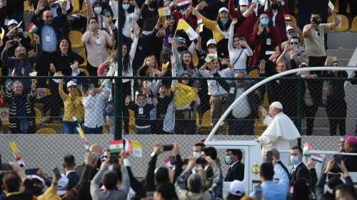 Pope Francis holds a Mass at Franso Hariri Stadium in Erbil, Iraq March 7, 2021.   Vatican ...
