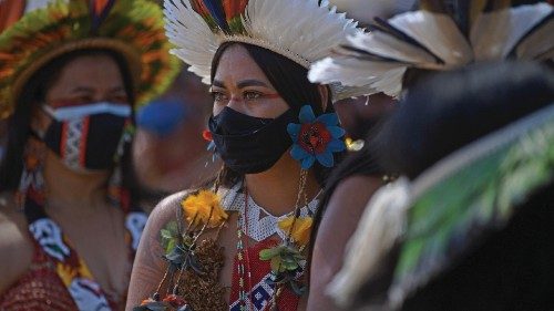 An indigenous woman from the Pataxo tribe is seen during a demonstration for the demarcation of ...
