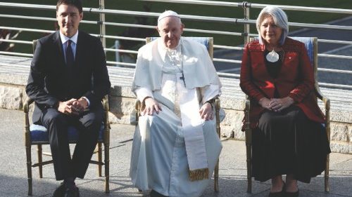 Pope Francis poses for a family photo with Canada's Prime Minister, Justin Trudeau and Governor ...