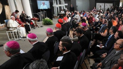 Pope Francis and Governor General of Canada Mary Simon attend a meeting with civil authorities, ...