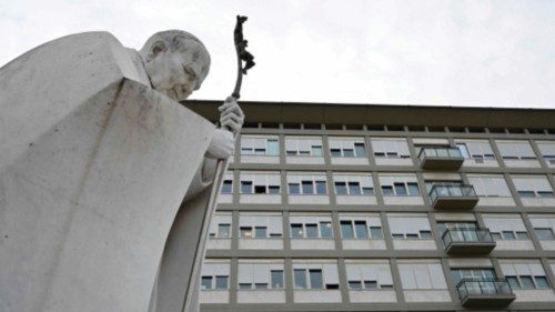 A view shows a statue of late Pope John Paul II at the Gemelli hospital on March 30, 2023 in Rome, ...