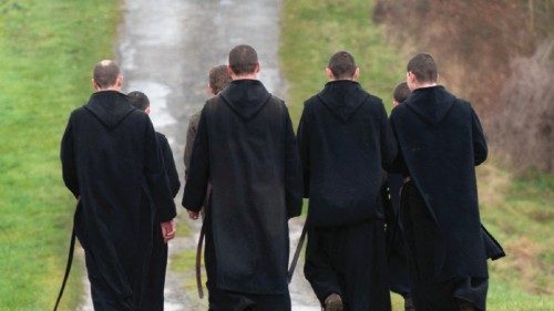 Monks walk to the Notre Dame Abbey, on January 22, 2014 in Fontgombault. A benedican abbey has been ...