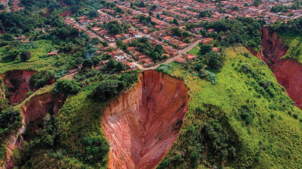 Aerial view of erosions in Buriticupu, Maranhao state, Brazil, taken on April 21, 2023. - An unusual ...