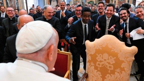 This photo taken and handout on June 14, 2024 by The Vatican Media shows US actors Chris Rock (C), ...