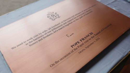 epa11585761 A view of a plaque signed by Pope Francis during his visit to the tunnel of friendship ... epa11585761 A view of a plaque signed by Pope Francis during his visit to the tunnel of friendship ...