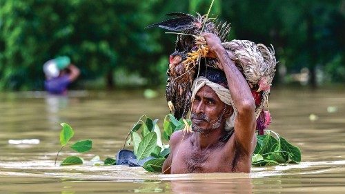 A man carrying his livestock wades through flood waters in Feni, in south-eastern Bangladesh, on ... A man carrying his livestock wades through flood waters in Feni, in south-eastern Bangladesh, on ...